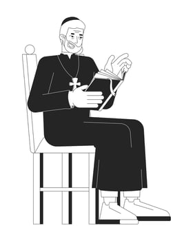 Catholic elderly male priest reading holy book 2D line character. Christian teacher. Spiritual leader in religious robe and cross isolated ink outline person. Monochromatic spot illustration vector