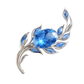 Elegant Brooch with Blue Gemstone and Silver Leaf Design png