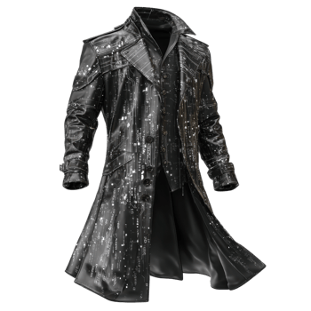 Elegant Futuristic Coat with Shimmering Data Patterns and Textures png