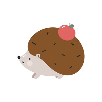 Cute hedgehog with apple on white background. Isolated illustration in flat cartoon style. For fabric, wrapping, cards, textile, wallpaper, apparel. vector
