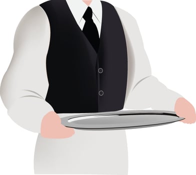 Waiter holding an empty round silver tray vector