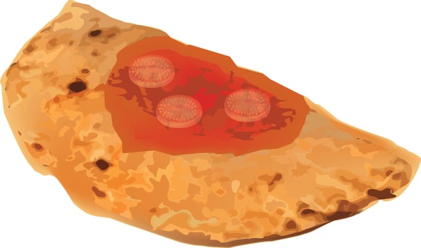 Slice of pizza showing golden brown crust and tomato slices vector