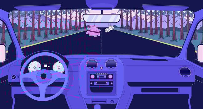 Interior car view driving through pine forest at dusk flat illustration background. Auto dashboard, steering wheel, rearview mirror hanging charms 2D cartoon backdrop. Colorful scene art image vector