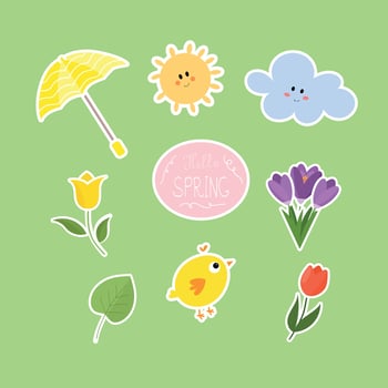 Cute spring stickers set. Hello spring, spring time, chick, sun, umbrella, cloud, tulips, crocuses. Illustration, flat cartoon style. vector