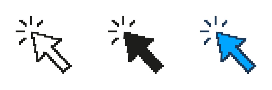 Pixelated Cursor Icon Set. Retro Style Mouse Pointer with Clicking Effect. Clickable Arrow Design in Vintage Pixel Art Style. Isolated Illustration vector