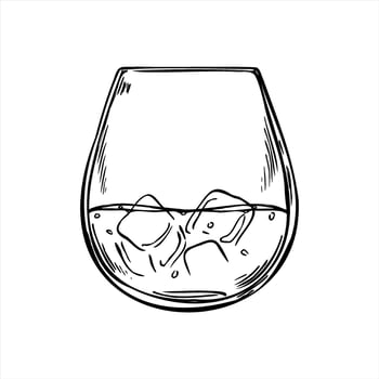 Glass of scotch whiskey and ice cubes monochrome illustration. Cold cocktail, bourbon or brandy shot etching drawing. Alcohol drink in tumbler for bar menus, alcohol branding, nightlife poster vector