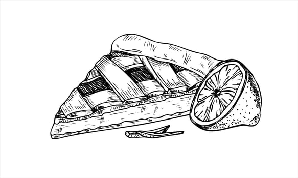 lemon pie slice with zest and citrus half illustration painted by inks. Fruit citrus tart hand drawn graphic line art. Monochrome pastry sketch for bakery design, dessert menu, recipe blog vector