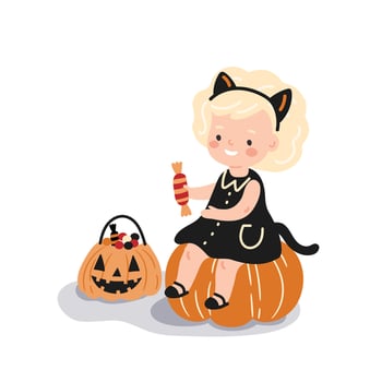 Cute little girl in cat costume with pumpkin bucket full of sweets. Halloween illustration, flat style vector