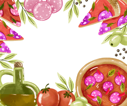 Horizontal border frame with food. Pizza design card. Hand drawn illustration png