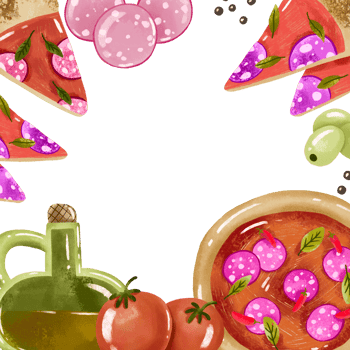 Square border frame with food. Pizza design card. Hand drawn illustration png