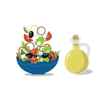 Greek salad on a blue plate, olive oil. Set of fresh vegetables falling in the bowl, tomatoes, cucumber, feta cheese, olives, onion, lettuce leaves. Salad preparation. vector