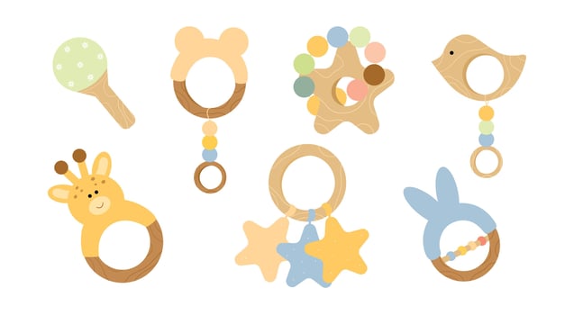 Wooden rattles set for babies. Newborn baby toys. Kids nursery items for fun, play. Illustrations in flat style. vector