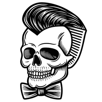 Retro skull with pompadour hairstyle and bowtie vintage rockabilly style, tattoo art, bold black and white illustration vector