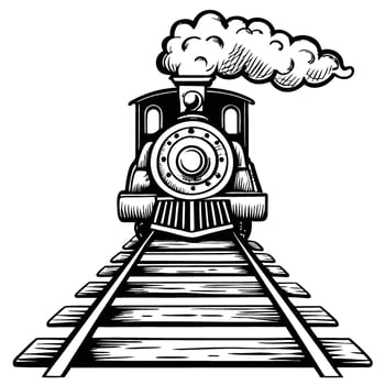 Vintage steam locomotive front view with smoke on railway tracks classic retro train illustration, transportation design concept vector
