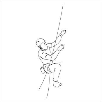 A minimalist line art illustration of a rock climber ascending with a safety rope, wearing a helmet and harness in a vertical climbing position. vector