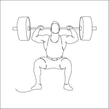 Minimalist line drawing of a weightlifter performing a back squat with a loaded barbell, showcasing strength, balance, and proper squat posture. vector
