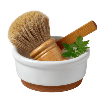 Handcrafted Shaving Brush and Fresh Herbs in a White Bowl png