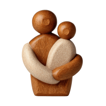 Wooden Sculpture of Parent Holding Child with Warm Natural Tones png