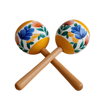 Colorful Hand-Painted Maracas with Floral Design and Wooden Handle png