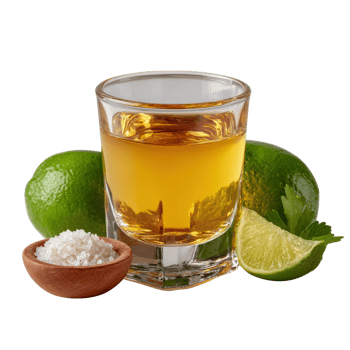 Golden Liquor Shot with Lime, Salt, and Fresh Ingredients Displayed png