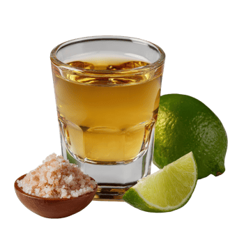 Refreshing Shot of Golden Tequila with Lime and Salt Garnish png