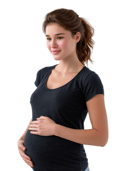 Pregnant Woman in Black Shirt with Hands on Belly and Smiling png