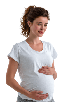 Pregnant Woman Smiling and Holding Belly in White T-Shirt png