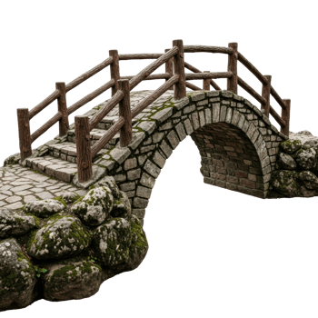 Stone bridge with wooden railing and steps. The bridge is surrounded by mossy rocks. png