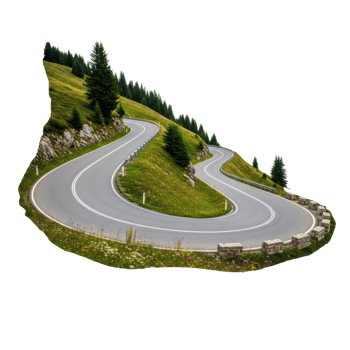 Winding mountain road with guardrails and evergreen trees. Great for travel and adventure themes. png