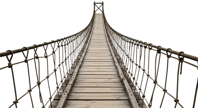 A wooden suspension bridge with rope railings. Great for adventure, travel, or historical concepts. png