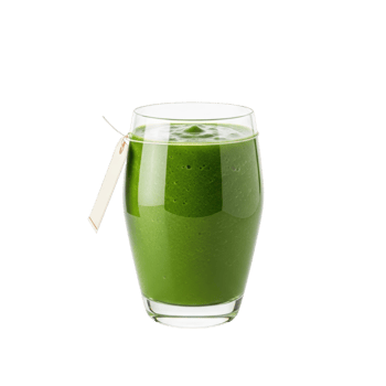 A vibrant green smoothie in a clear glass with a blank tag, perfect for health, wellness, and nutrition themes. png