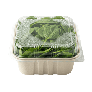 A square container filled with fresh, vibrant green baby spinach leaves, sealed with a clear plastic lid showing condensation. Ideal for healthy eating and grocery concepts. png