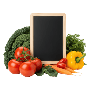 A blank chalkboard with a wooden frame is surrounded by a vibrant assortment of fresh, organic vegetables, ideal for healthy eating and recipe concepts. png