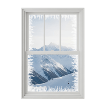 A window view of snow covered mountains. The window is decorated with ice crystals. png