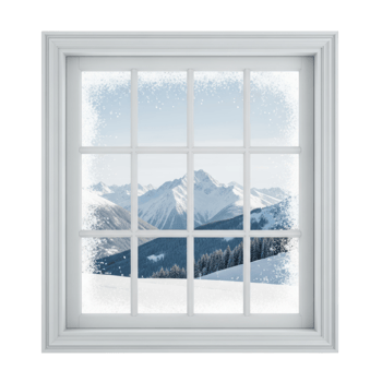 A window view of a snow covered mountain range. The window pane has a light frost effect. png