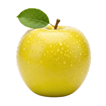 A fresh, yellow delicious apple with water droplets and a leaf. Perfect for healthy eating and lifestyle concepts. png