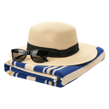 Still life of straw hat, sunglasses and folded blue and white striped beach towel. Summer vacation concept. png