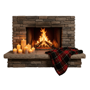 Stone fireplace with burning logs, candles on the mantel, and a red plaid throw blanket. Cozy and inviting home decor. png