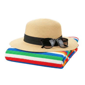 A straw sun hat with sunglasses on a colorful striped beach towel. Great for summer vacation marketing. png