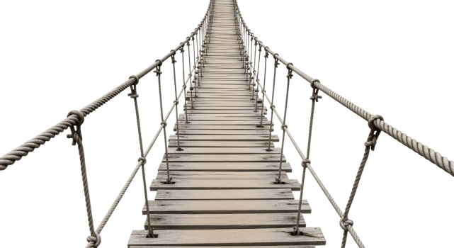 A rope suspension bridge with wooden planks for crossing. Can be used to represent challenges, risk, or adventure. png