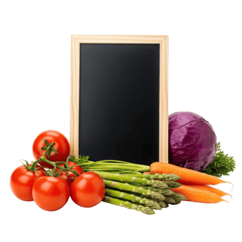 A blank wooden framed chalkboard is surrounded by a vibrant selection of fresh, ripe vegetables, perfect for displaying recipes, menus, or healthy eating messages. png