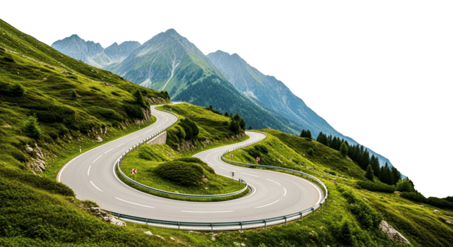 A winding mountain road curves through lush green hills toward distant peaks. Great for travel and adventure themes. png