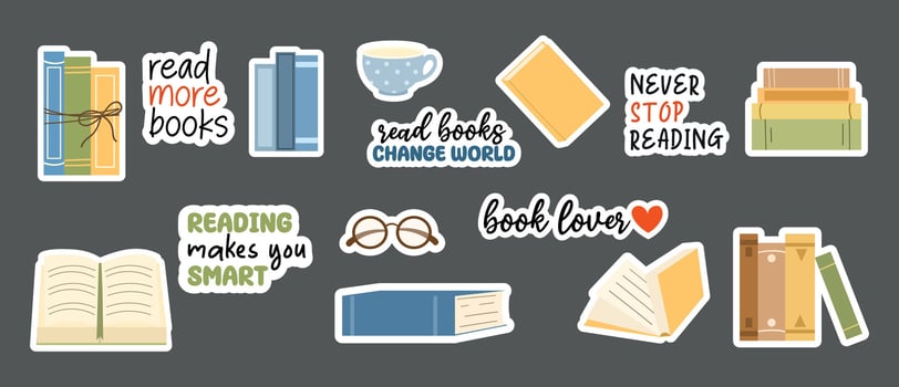 Set of stickers with different books and quotes about reading. Stacks of books to read, open books. Cozy reading set, cup and reading glasses. Textbooks for education. Flat illustration. vector