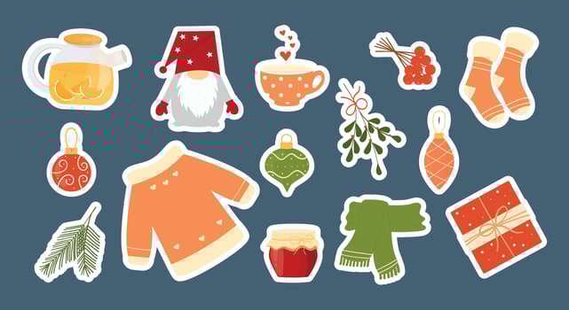 Set of stickers, collection of Christmas and New Year items. Sweater, socks, gnome, teapot, balls, jam, gift box. Set of traditional winter symbols, elements and decorations. vector