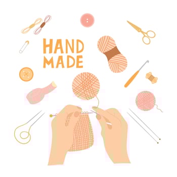 Women's hands knit. Illustration in flat style. Handmade needlework. Set of tools for hobby, knitting, female hands knit, hold a knitting needles. Hand drawn illustration. vector