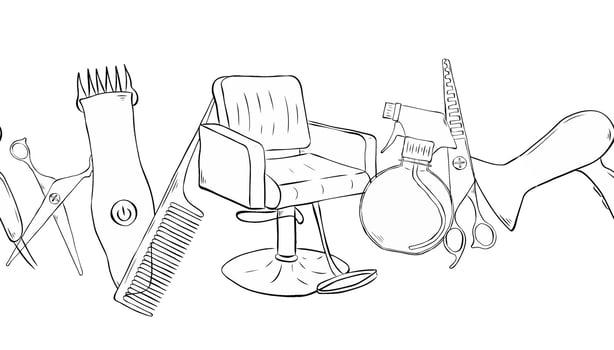Hairdressing tools Salon seamless horizontal border. graphic line ink illustration. Hair salon accessories outline, hair dryer, comb, scissors and abstraction. vector