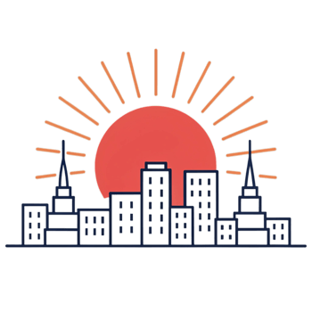 Cityscape silhouette at sunset with sun rays isolated on transparent background png