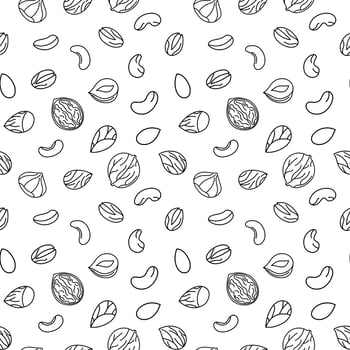 Seamless pattern with different nuts, outline. Peanut, walnut, hazelnut, pistachio, almond and cashew. Concept of healthy food. Hand drawn sketches, doodle pattern. vector