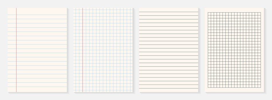 Set of different of paper. Sheets from a notepad and notebook, striped and lined. Set note sheet, notebook page, torn piece of paper. Templates for scrapbook edge, notebook tear, blank page split vector