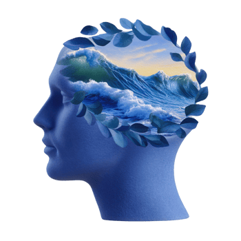 Human Head Silhouette with Ocean Waves and Leaves Concept Art png